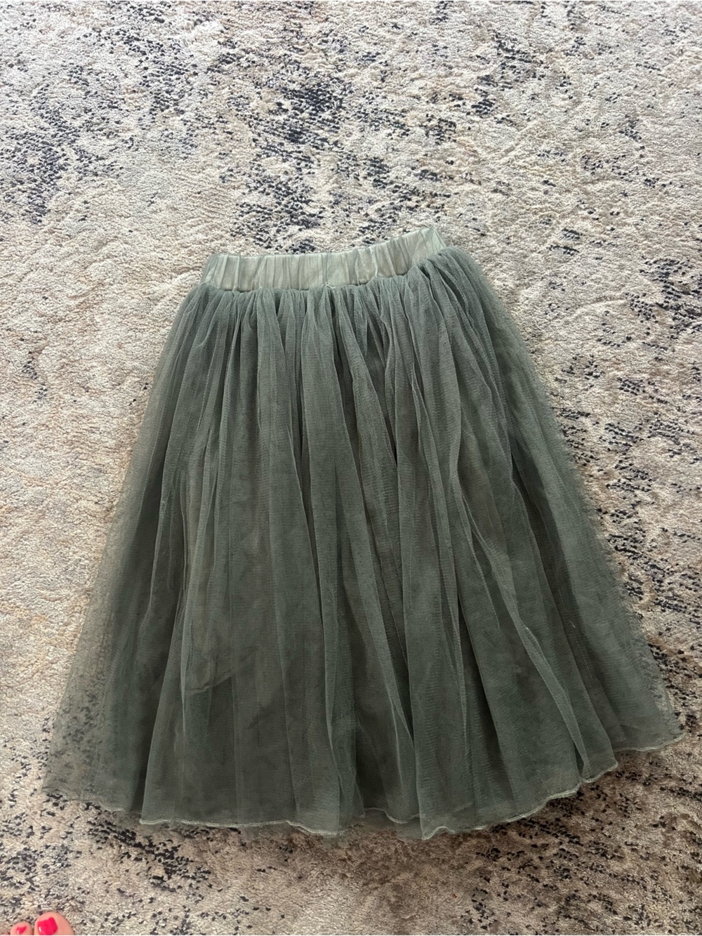 Girls Olive Green Tulle Midi Skirt with Elastic Waist